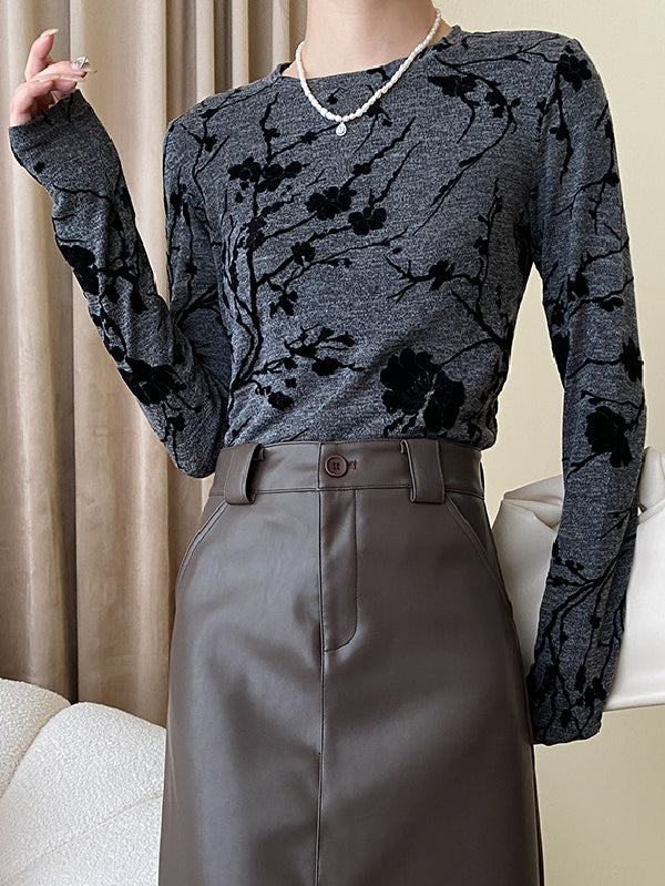 Flower Print Long Sleeves Round-Neck T-Shirts Tops