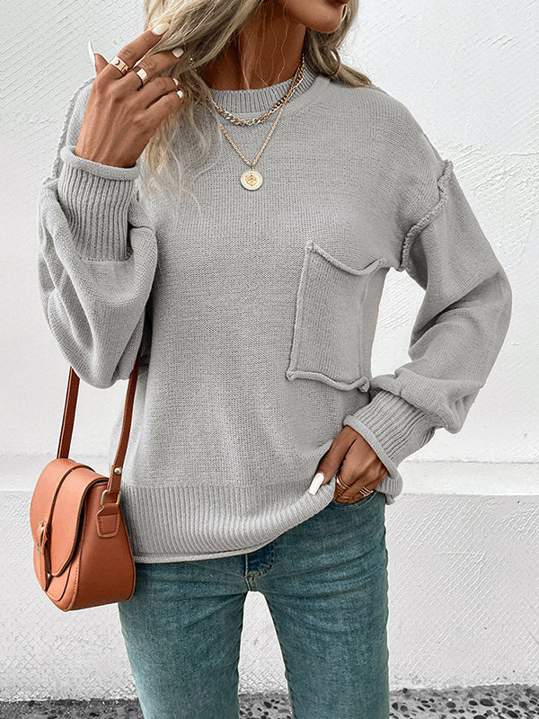 Pockets Solid Color Split-Joint Long Sleeves Loose Round-Neck Sweater Tops Pullovers