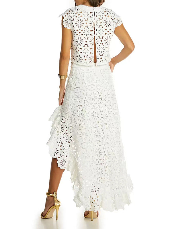 Jacquard Solid Color Flower Print Hollow Round-Neck Vest Top + Ruffle Trim Bodycon High-Low Skirts Bottom Two Pieces Set