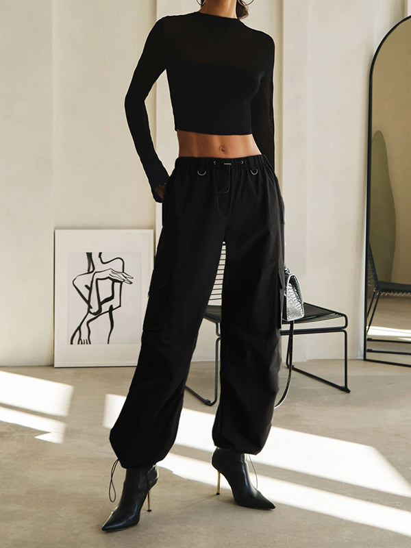 Drawstring Elasticity Pockets Split-Joint High Waisted Loose Trousers Pants