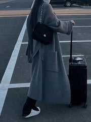Pockets Solid Color Tied Waist Long Sleeves Loose Notched Collar Cardigan Coats