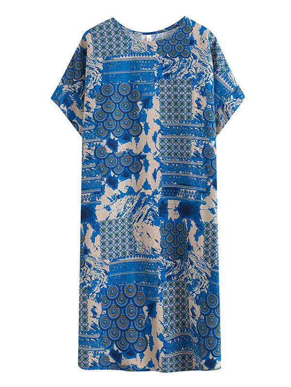 Original Loose Short Sleeves Contrast Color Printed Round-Neck Midi Dresses