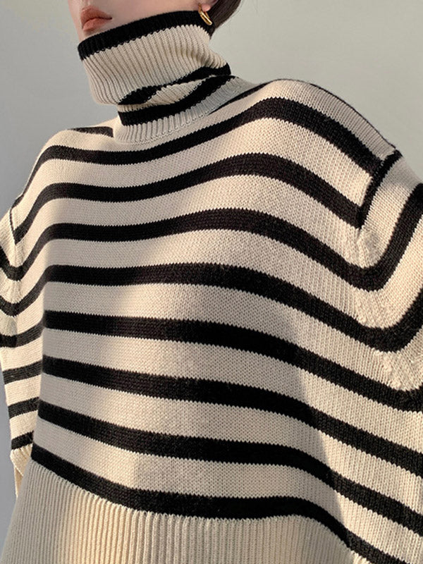 Contrast Color Pleated Split-Joint Split-Side Striped Patterns Long Sleeves Loose High Neck Sweater Tops
