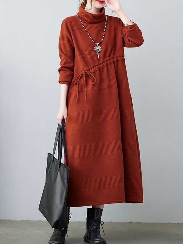 Casual Loose Solid Color Drawstring High-Neck Long Sleeves Sweater Dress