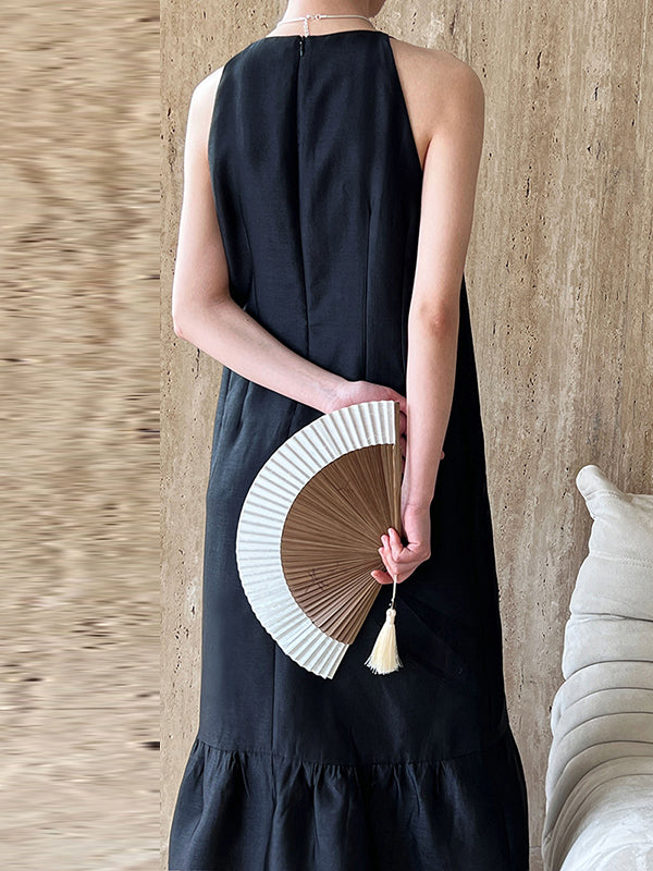 Pleated Solid Color Split-Joint Loose Sleeveless Round-Neck Maxi Dresses