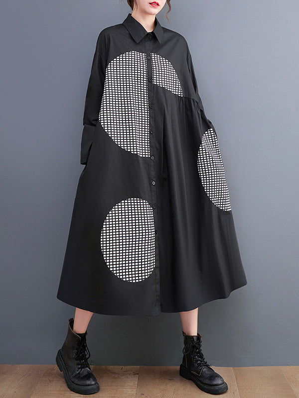 Vintage Loose Long Sleeves Buttoned Printed Polka-Dot Lapel Collar Midi Dresses