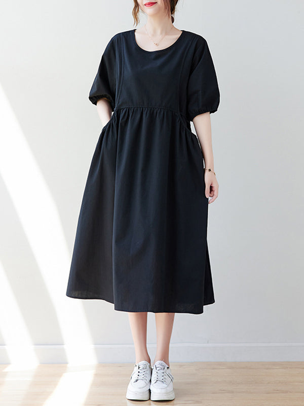 Casual Half Sleeves Loose Elasticity Split-Joint Solid Color Midi Dresses