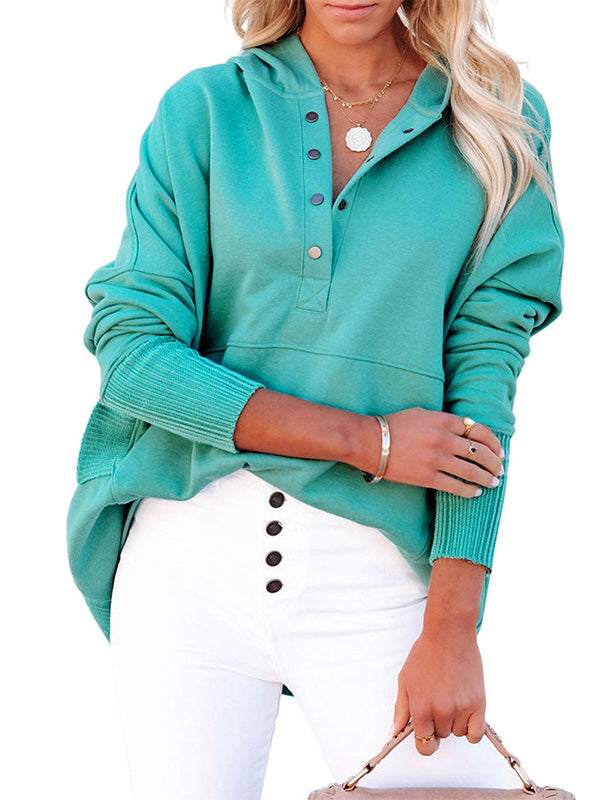 Buttoned Hooded Split-Joint Batwing Sleeves Long Sleeves V-Neck Hoodies Tops