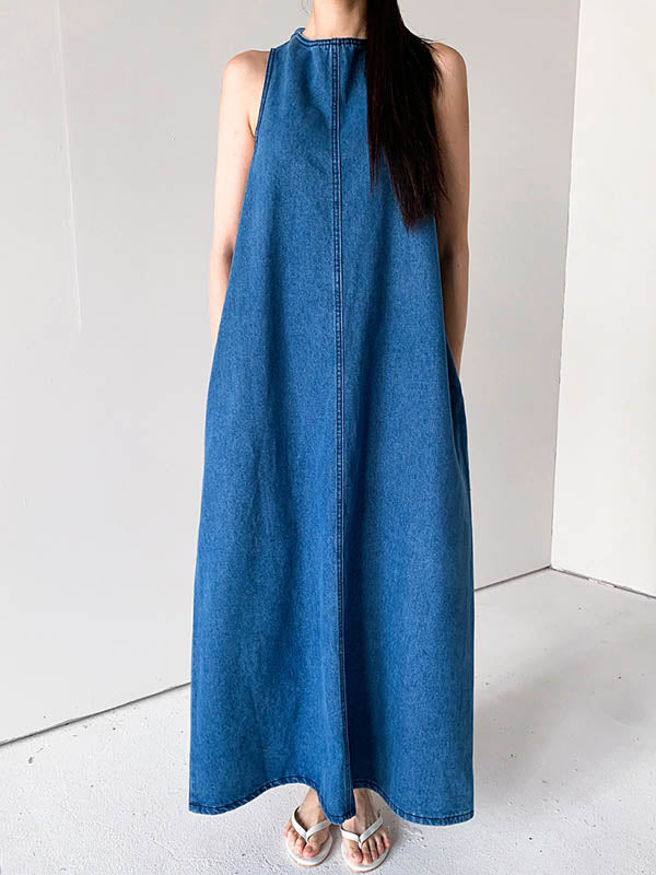 Pockets Solid Color Tied A-Line Loose Round-Neck Maxi Dresses