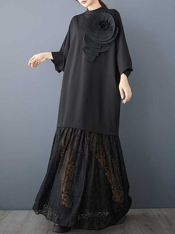 Solid Color Split-Joint Three-Dimensional Flower Long Sleeves Loose Mock Neck Maxi Dresses