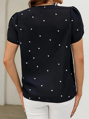 Pleated Polka-Dot Loose Short Sleeves V-Neck Blouses&Shirts Tops