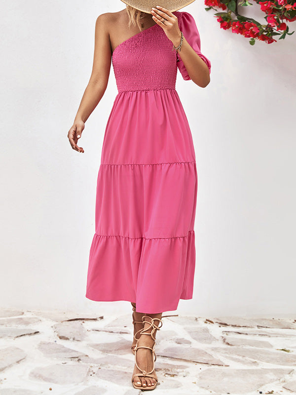 Solid Color Loose Puff Sleeves One-Shoulder Midi Dresses