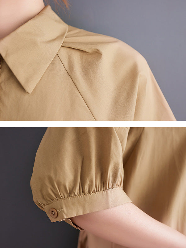 Simple Half Sleeves Loose Solid Color Lapel Collar Midi Dresses