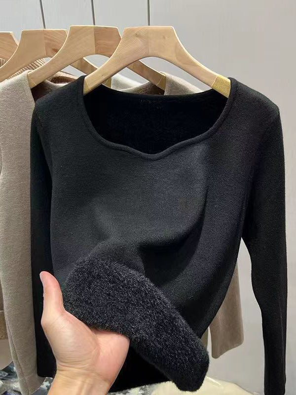 Keep Warm Solid Color Velvet Long Sleeves Skinny V-Neck T-Shirts Tops