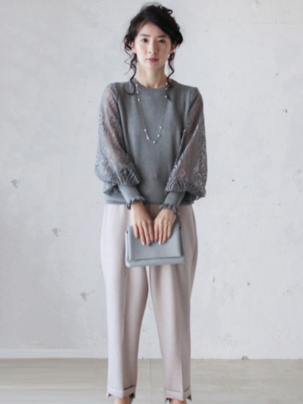 Original Loose Hollow Lace Round-Neck Long Puff Sleeves Sweater Pullovers