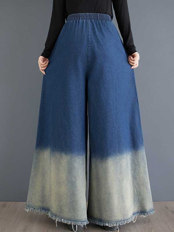 Elasticity Fringed Pockets High Waisted Loose Jean Pants Bottoms