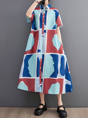 Cartoon Printed Multi-Colored Loose Short Sleeves Lapel Shirt Dress Midi Dresses
