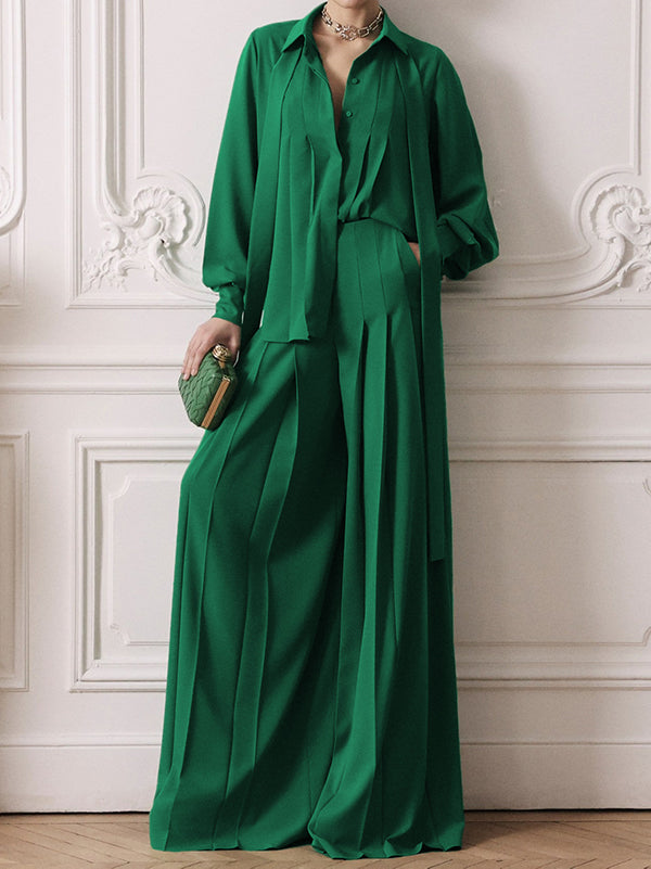 Pleated Solid Color Split-Joint High Waisted Loose Trousers Pants