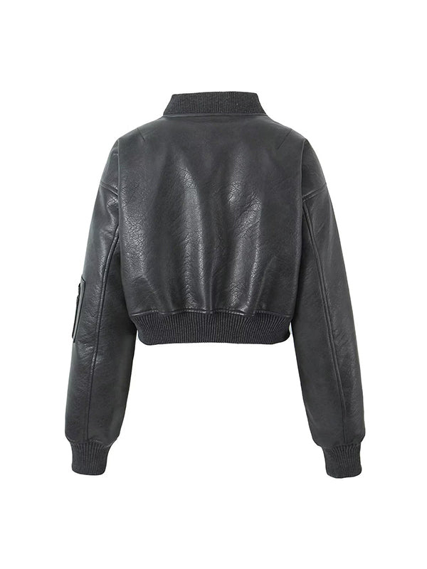 Quilted Solid Color Zipper Stand Collar PU Outerwear Jackets