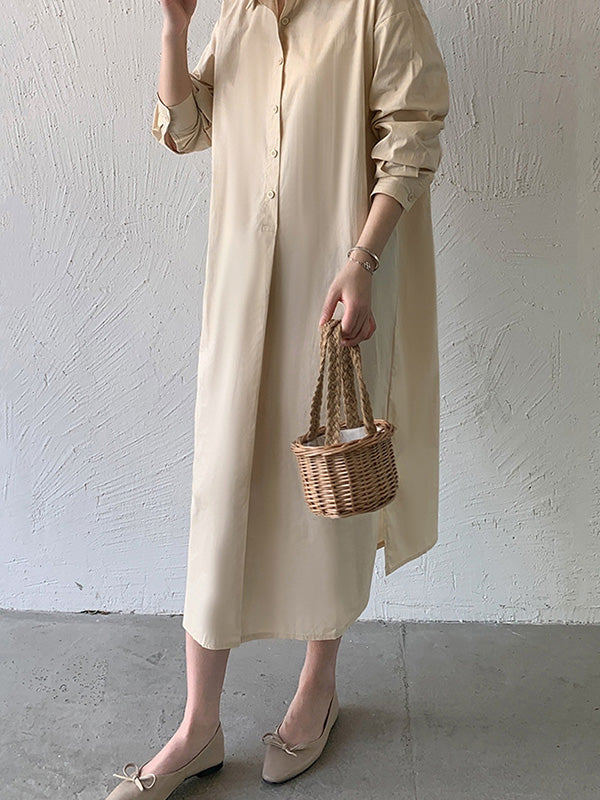 Urban Loose Solid Color Lapel Collar Shirt Midi Dresses