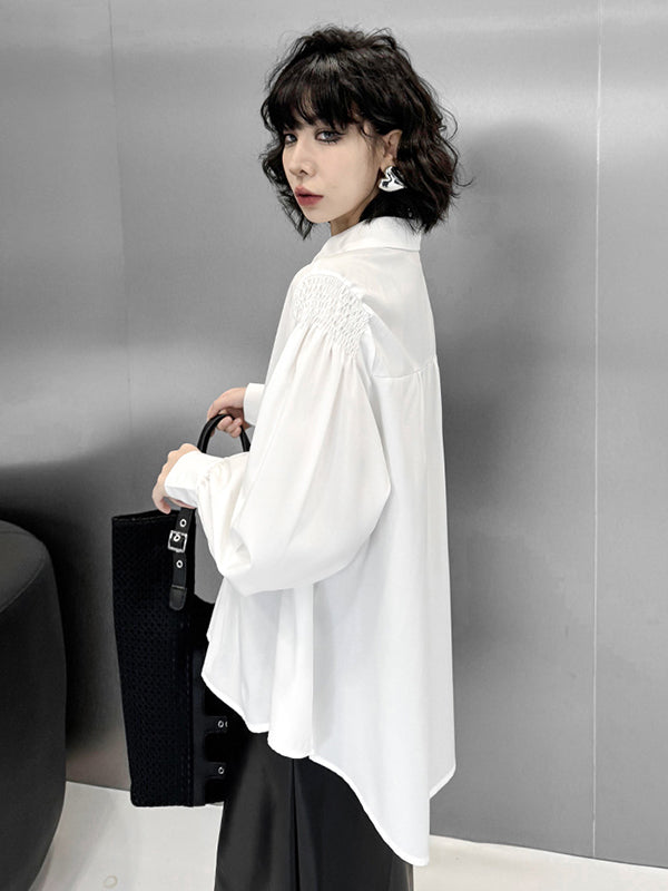 Buttoned Pleated Solid Color Long Sleeves Loose Polo Blouses&Shirts Tops