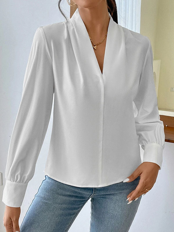 Pleated Solid Color Split-Joint Long Sleeves Loose V-Neck Blouses&Shirts Tops