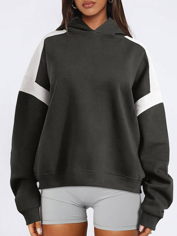 Contrast Color Pockets Split-Joint Hooded Long Sleeves Hoodies Tops