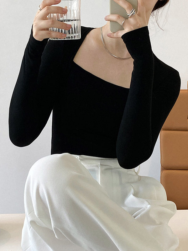 Simple Solid Color Square-Neck Long Sleeves False Two Base Shirt