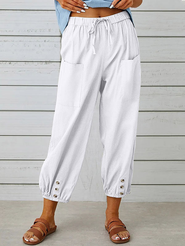 Buttoned Drawstring Elasticity Pockets Split-Joint High Waisted Loose Trousers Ninth Pants