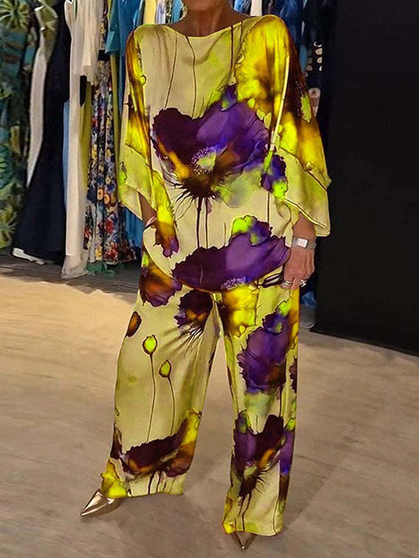 Printed Split-Joint Batwing Sleeves Loose Round-neck Blouses&shirts Tops