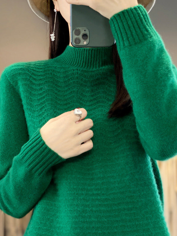 Solid Color Long Sleeves Loose Mock Neck Sweater Tops Pullovers