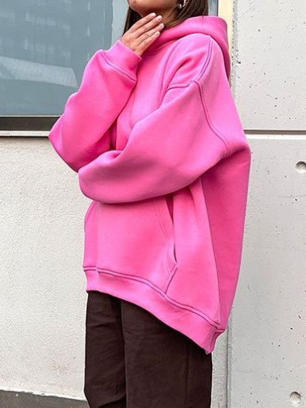 Pockets Solid Color Velvet Long Sleeves Loose Hooded Hoodies Tops