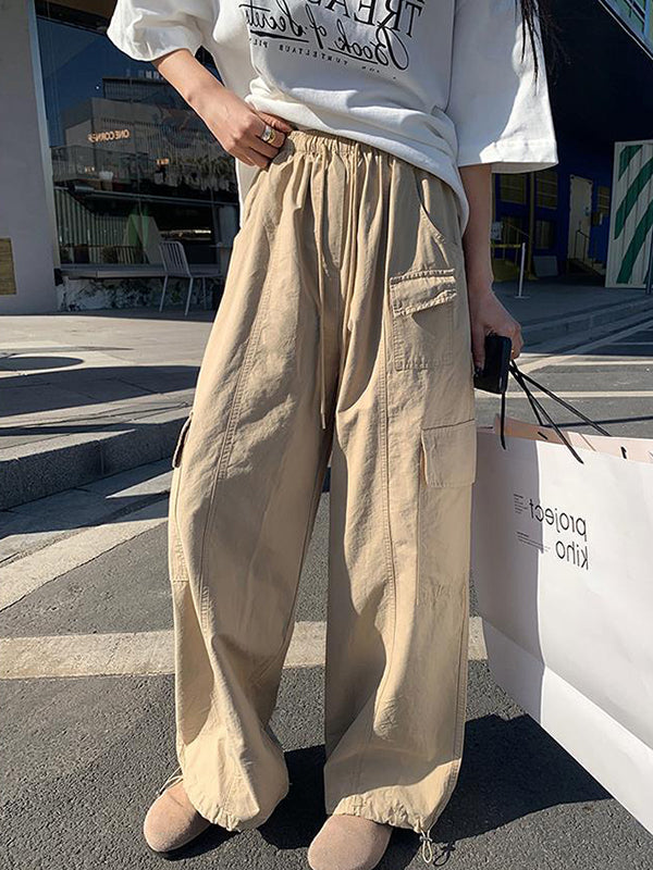 Drawstring Elasticity Pockets Solid Color Split-Joint High Waisted Loose Trousers Pants