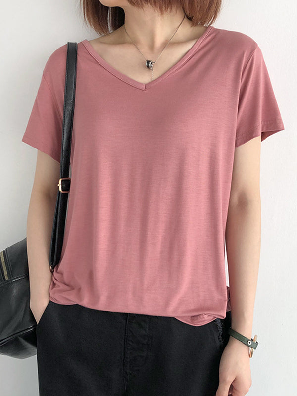 Simple Casual Solid Color V-Neck Short Sleeves T-Shirt Top