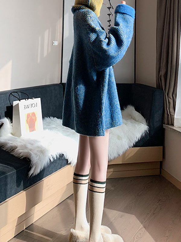 Original Loose Contrast Color High-Neck Long Sleeves Sweater Tops