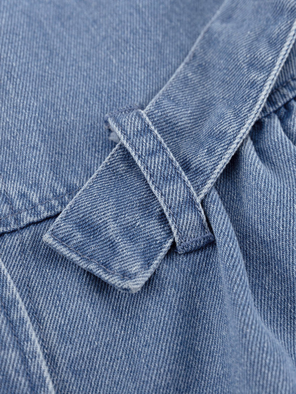 Long Sleeves Loose Split-Joint Tied Waist V-Neck Denim Mini Dresses