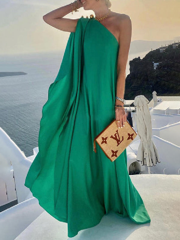 Simple Asymmetric Solid Color One-Shoulder Maxi Dresses