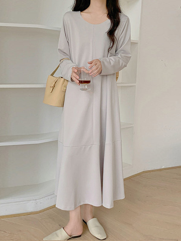Hollow Solid Color A-Line Long Sleeves V-Neck Midi Dresses