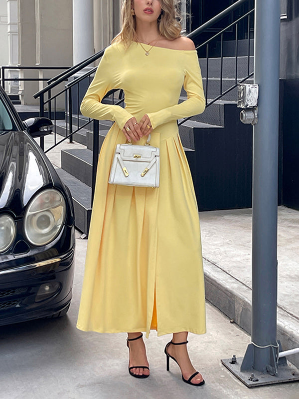 Pleated Solid Color Split-Front High Waisted Long Sleeves One-Shoulder Maxi Dresses
