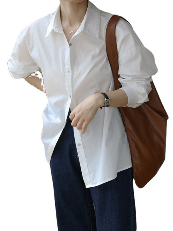 Buttoned Solid Color Long Sleeves Loose Lapel Blouses&Shirts Tops