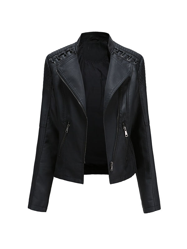 Split-Joint Zipper Long Sleeves Mock Neck Outerwear PU Jackets