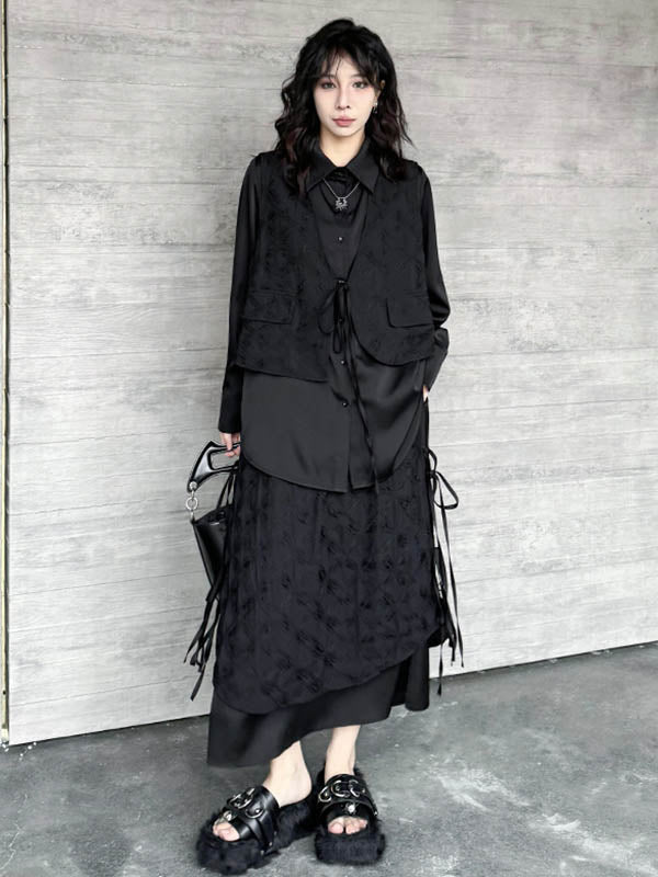 Solid Color Split-Joint Asymmetric Drawstring Flower Print   False Two Lapel Buttoned Pockets Blouses&Shirts Tops + Elasticated Waist Double Layered Skirts Bottoms Two Pieces Set