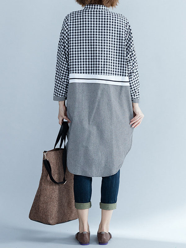 Buttoned Contrast Color Plaid Split-Joint High-Low Loose Lapel Shirt Dress Midi Dresses