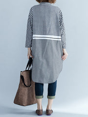 Buttoned Contrast Color Plaid Split-Joint High-Low Loose Lapel Shirt Dress Midi Dresses