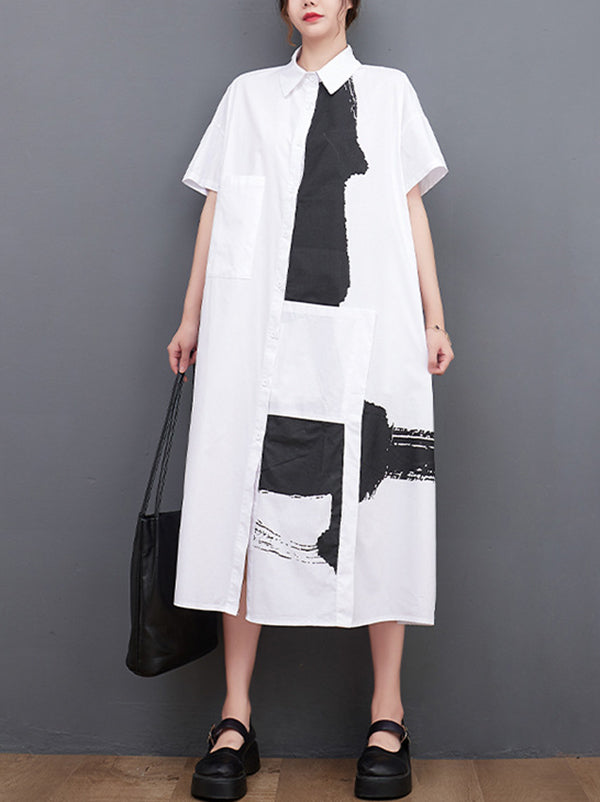Original Loose Short Sleeves Buttoned Contrast Color Printed Midi Dresses