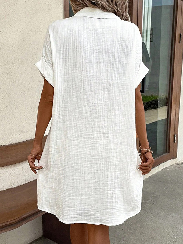Buttoned Pockets Loose Short Sleeves Lapel Mini Dresses