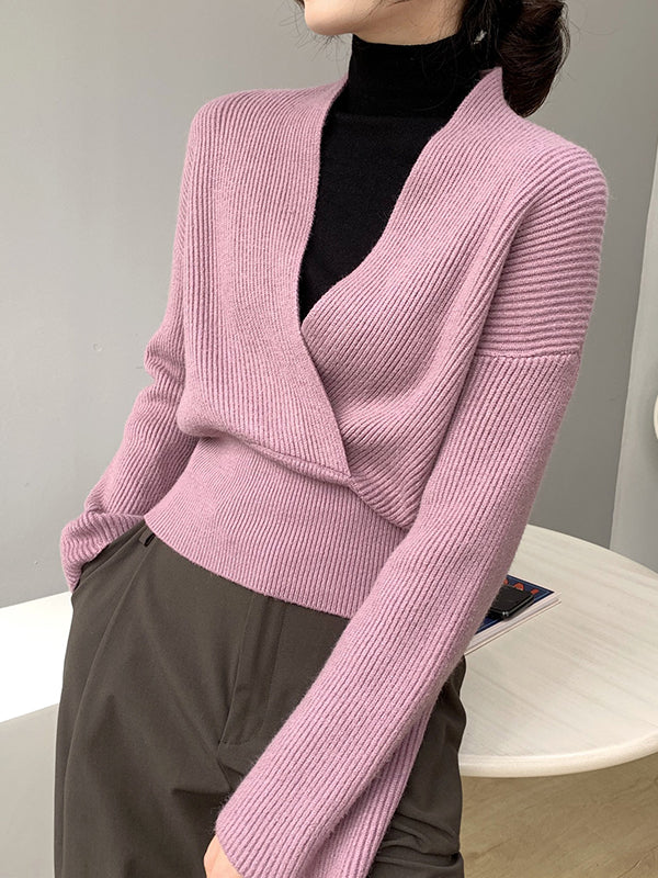 Asymmetric Solid Color Long Sleeves V-Neck Sweater Pullovers Knitwear