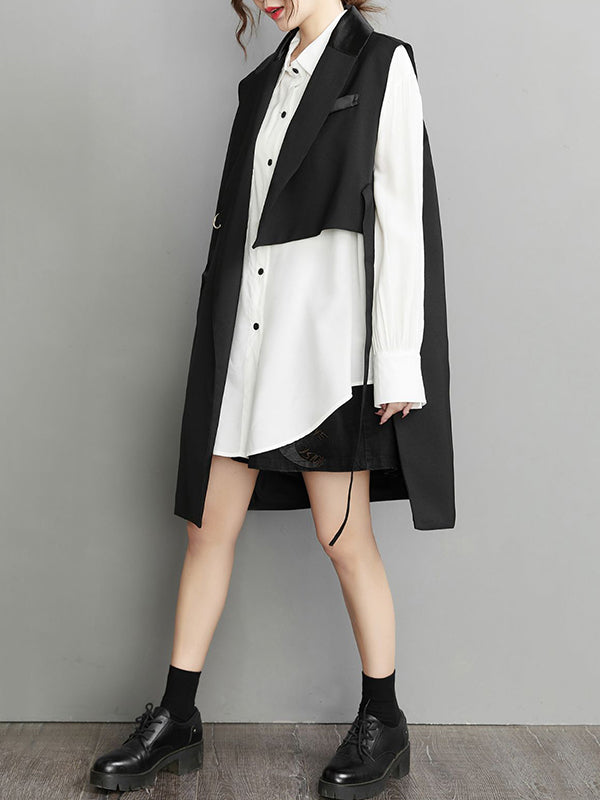 Asymmetric Pockets Tied Sleeveless Notched Collar Vest Outerwear