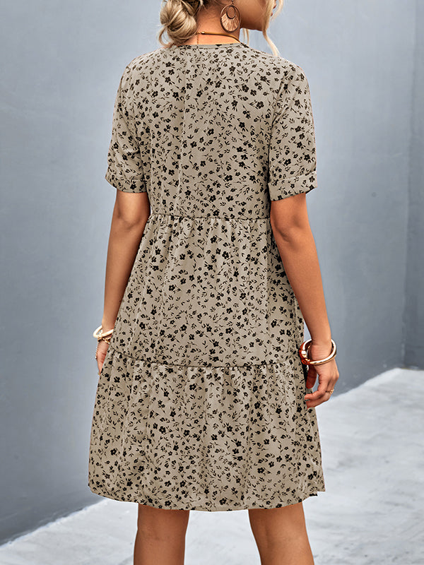 Flower Print Split-Joint Short Sleeves V-Neck Mini Dresses