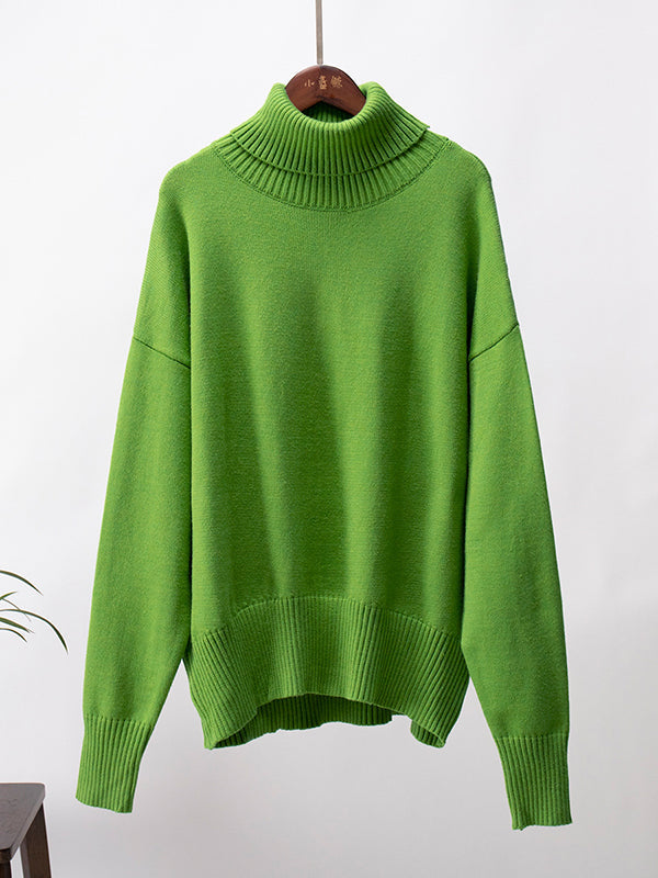 Long Sleeves Loose Solid Color High Neck Knitwear Pullovers Sweater Sweater Tops